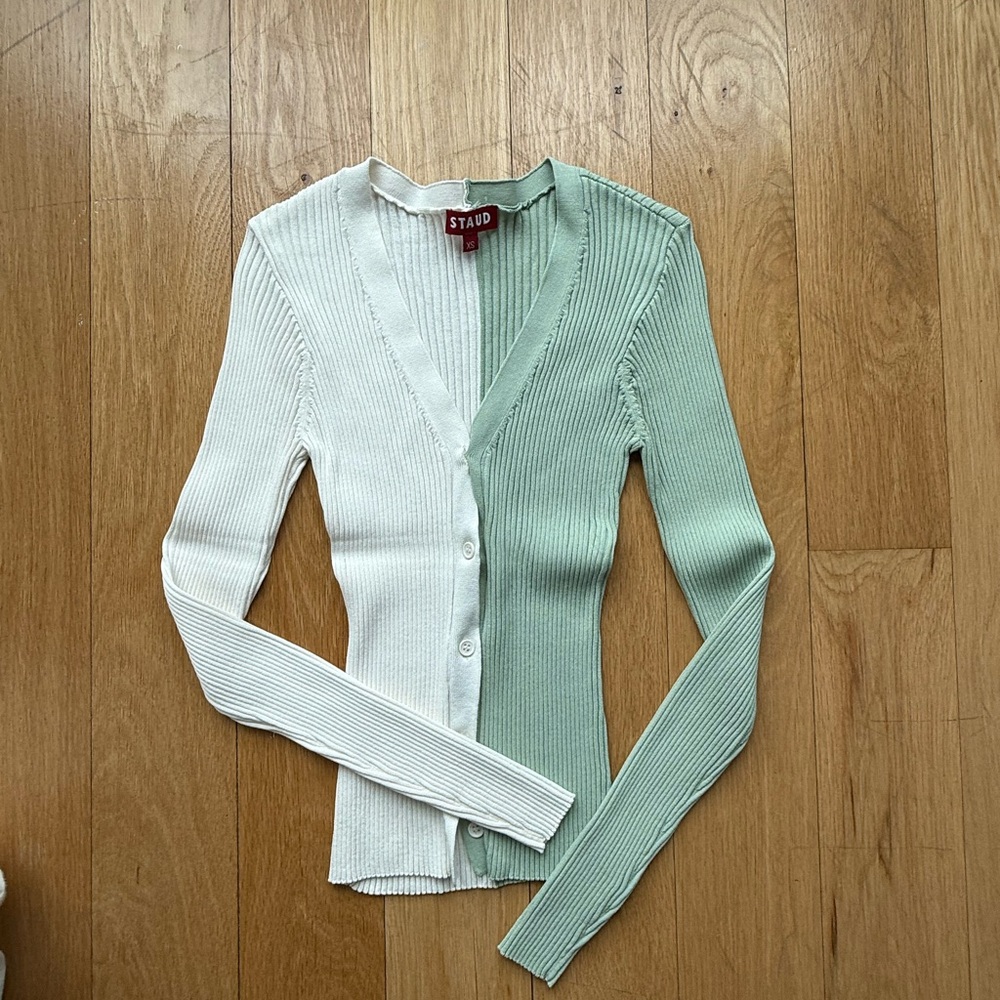 STAUD Two-Tone Ribbed Cardigan Sweater - Green and White